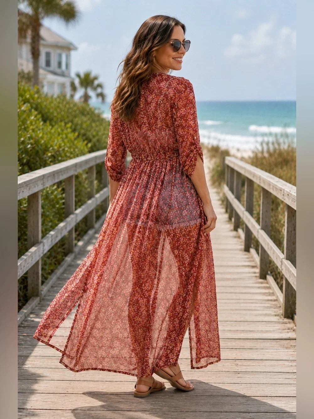 Red Floral Sheer Maxi Dress Boho Beach Cover-Up Tie Waist Size L